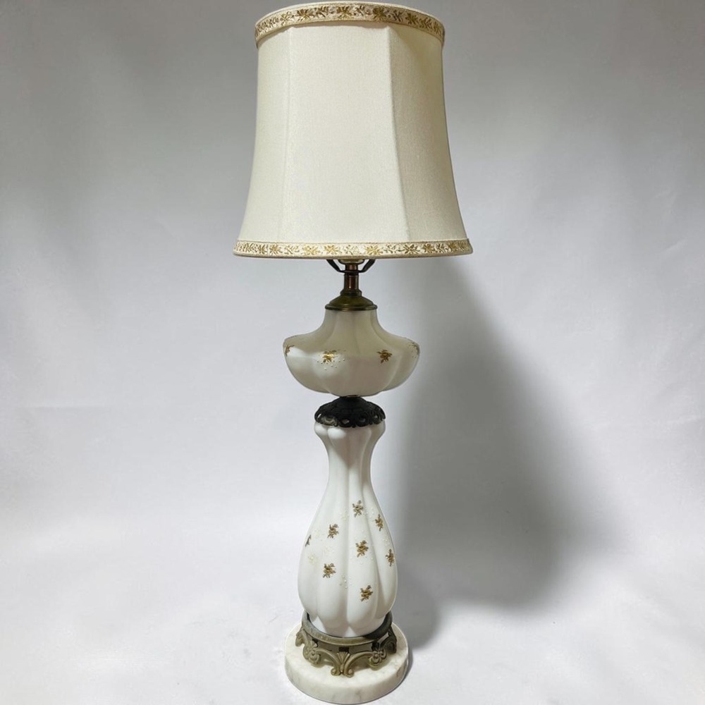 Vintage Milk Glass Floral Table Lamp Marble Base Gold Trim 30.5in Tested